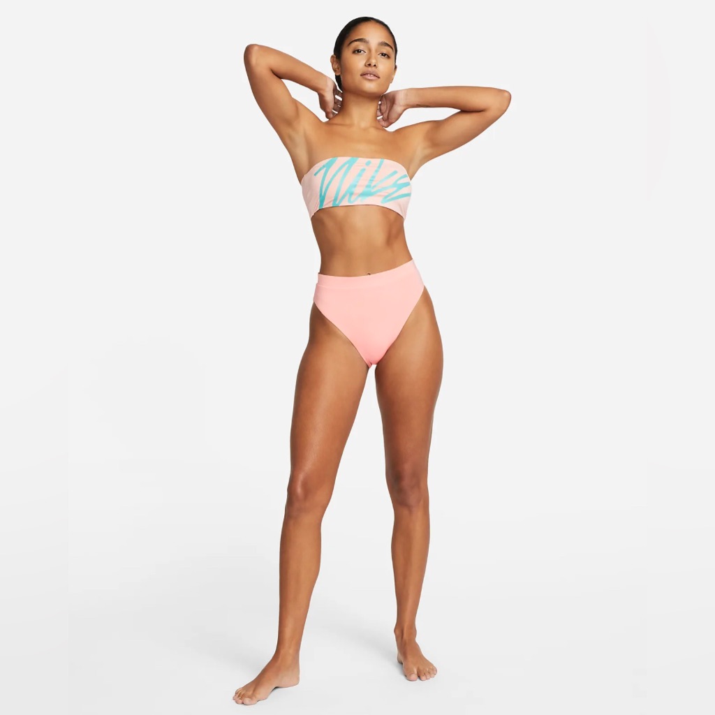 Nwt Nike 2pc Bandeau Swim Top & High Waist Bikini Bottom Bleached Coral | Large